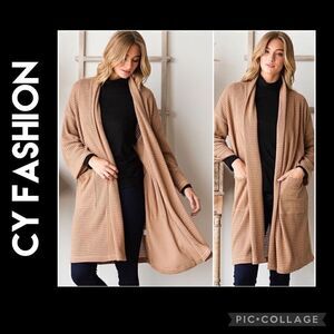 CY Fashion Tan Waffle Knit Long Open Cardigan Size Large-NWT